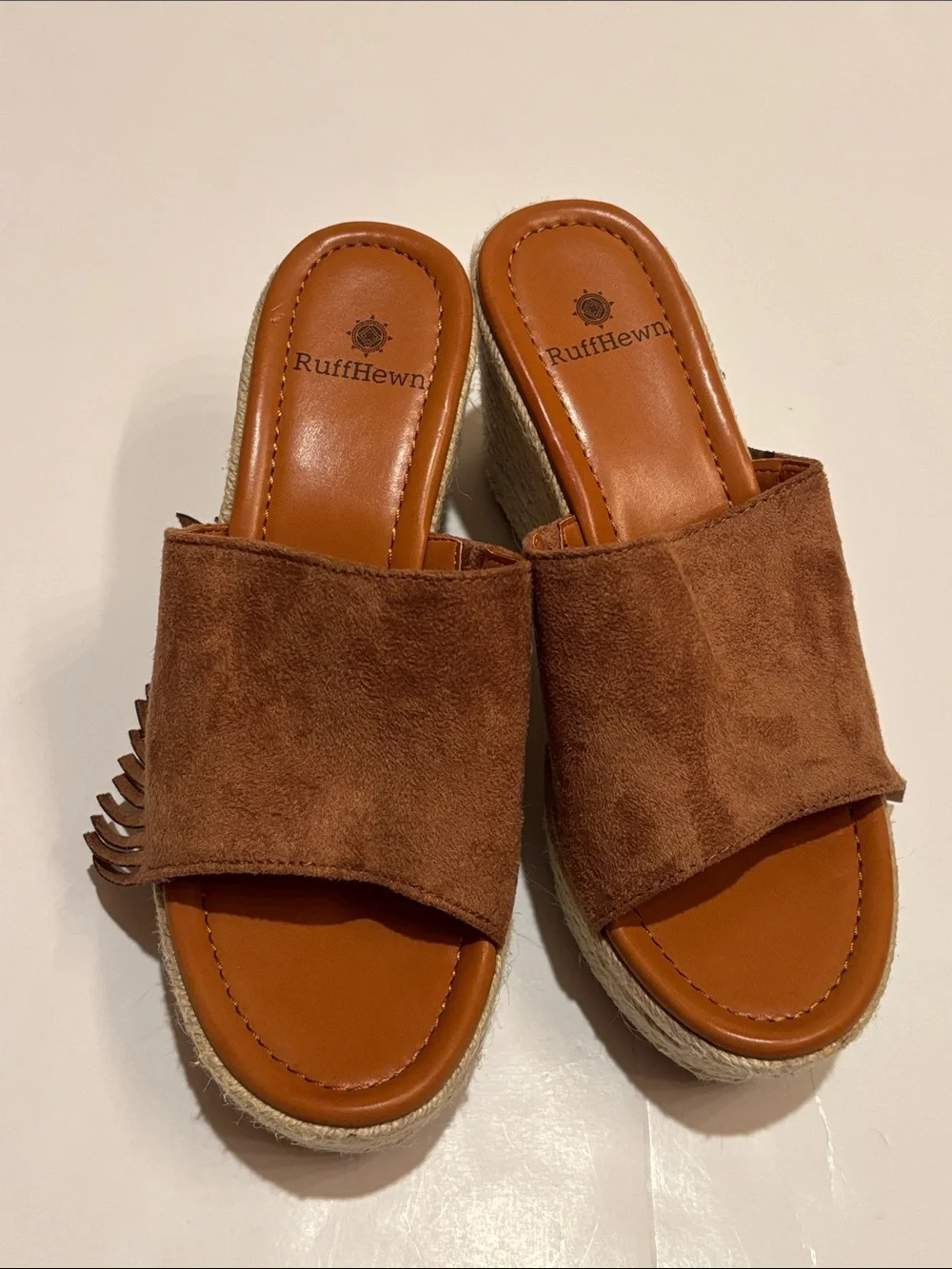 NWOT Ruff Hewn Tan Suede Fringe Espadrille Wedge Slides 6